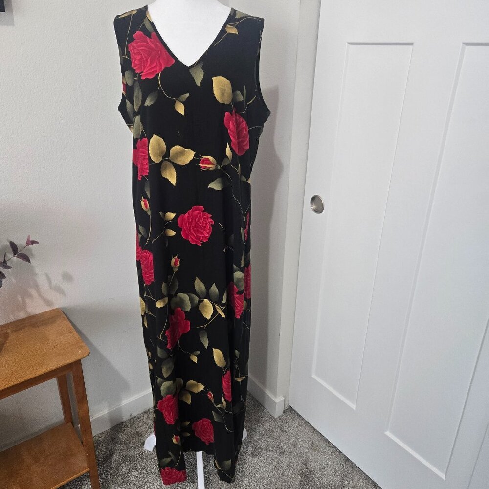 Units Vintage Black Floral Rayon V-Neck Sleeveless Casual Maxi Large